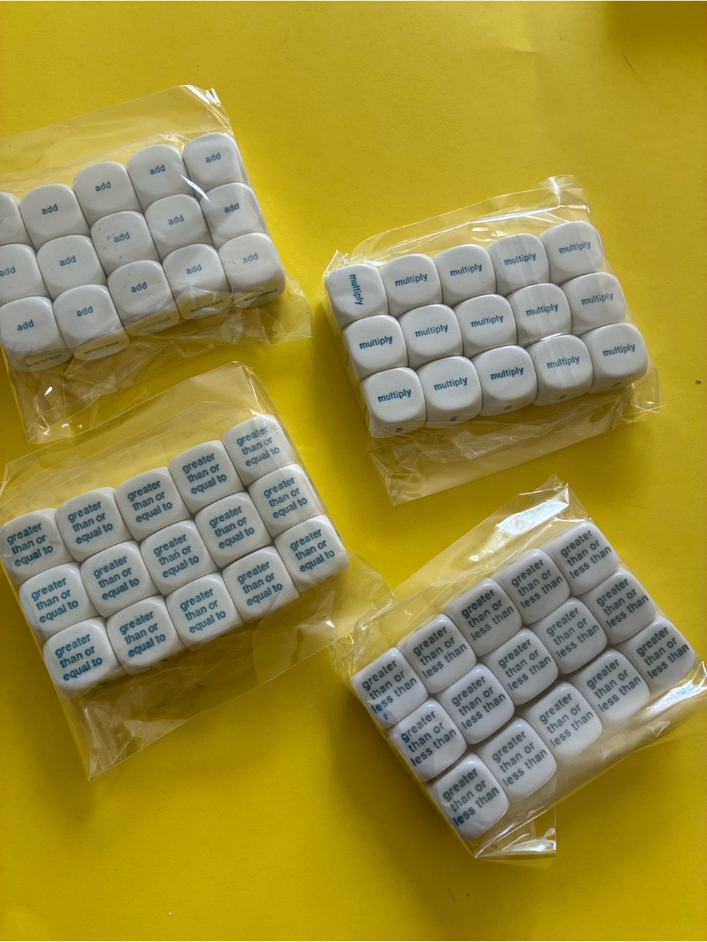 MATH DICE SETS (4 different sets; 15 dice per set)
